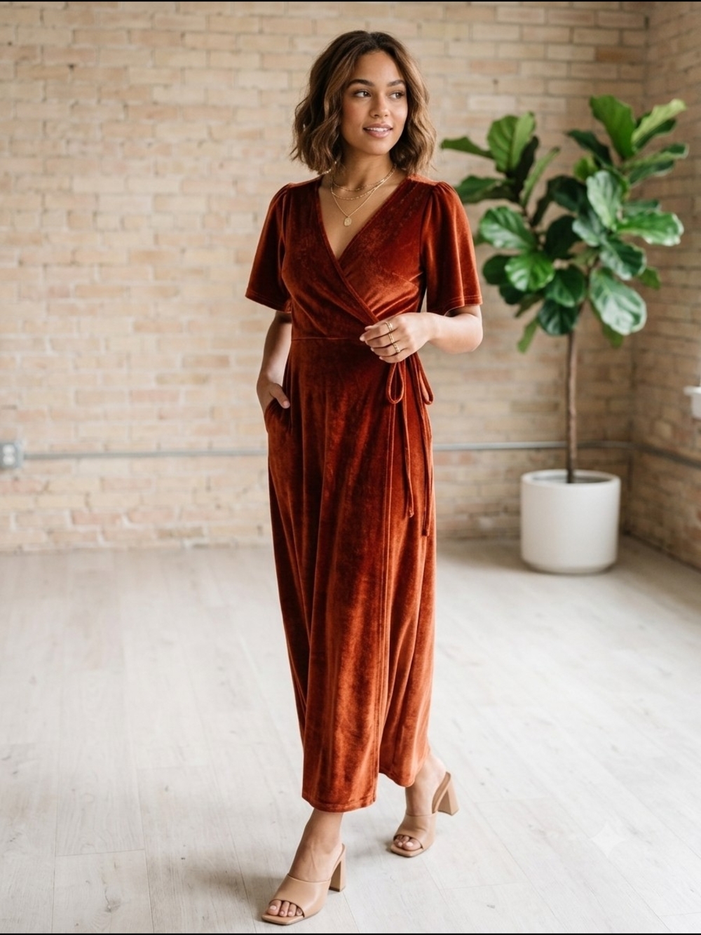 Baltic Born Burnt Orange Velvet Wrap Dress